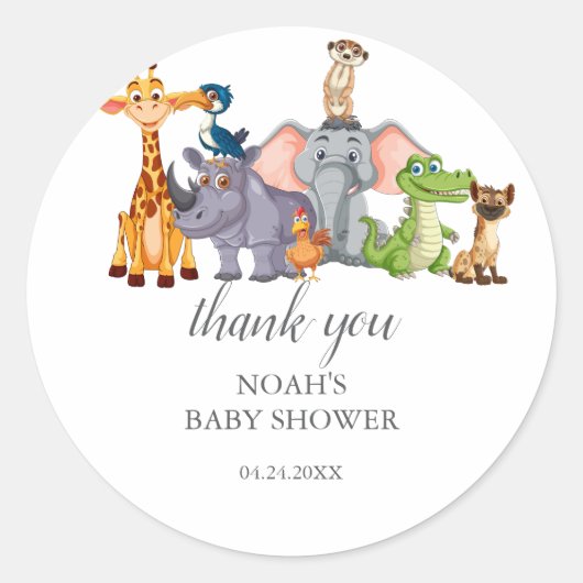かわいいサファリの動物の緑の赤ちゃんシャワー ラウンドシール (正面)