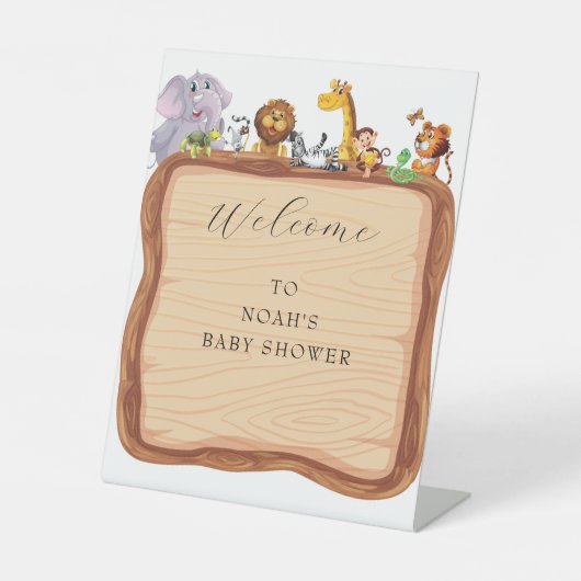 かわいいサファリの動物の緑の赤ちゃんシャワー 台座サイン (正面)