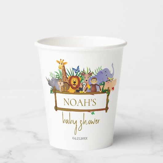 かわいいサファリの動物の緑の赤ちゃんシャワー 紙コップ (正面)