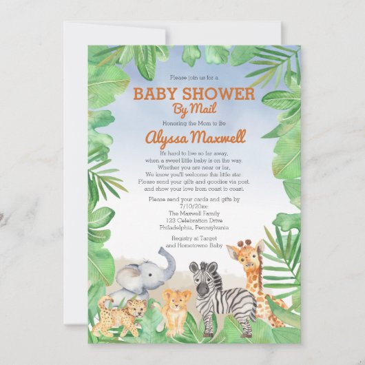 かわいいサファリの動物 |緑の赤ちゃんシャワー（郵便） 招待状 (正面)