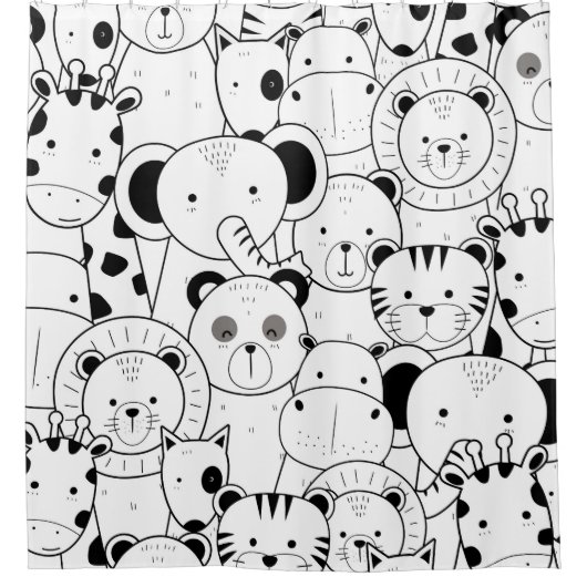 かわいいサファリの漫画の白黒シャワー・カーテン シャワーカーテン (正面)