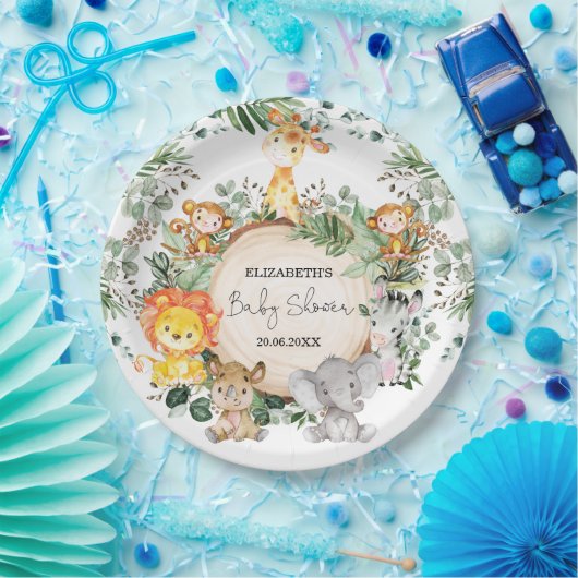 かわいいサファリの緑のジャングルベビーアニマルシャワー ペーパープレート (パーティー)