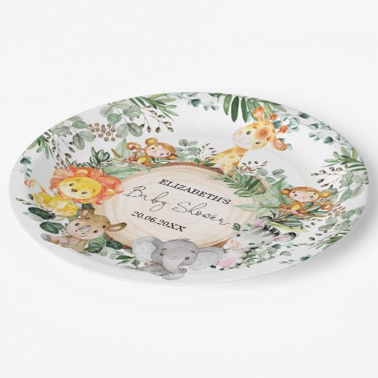 かわいいサファリの緑のジャングルベビーアニマルシャワー ペーパープレート (アングル)