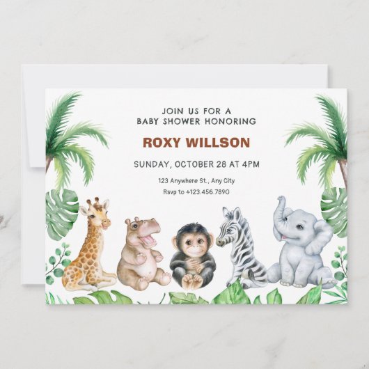 かわいいサファリの赤ちゃん動物のベビーシャワー 招待状 (正面)