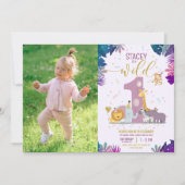 かわいいサファリアニマルガールワイルドワンフォト誕生日 招待状 (正面)