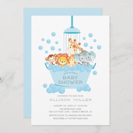 かわいいサファリアニマルズシャワーボーイズベビー招待状 招待状 (正面/裏面)