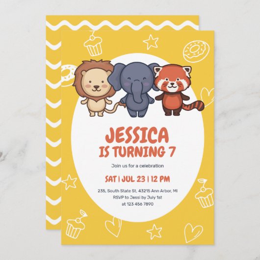 かわいいサファリアニマルズジャングルパーティー子供の誕生日 招待状 (正面/裏面)