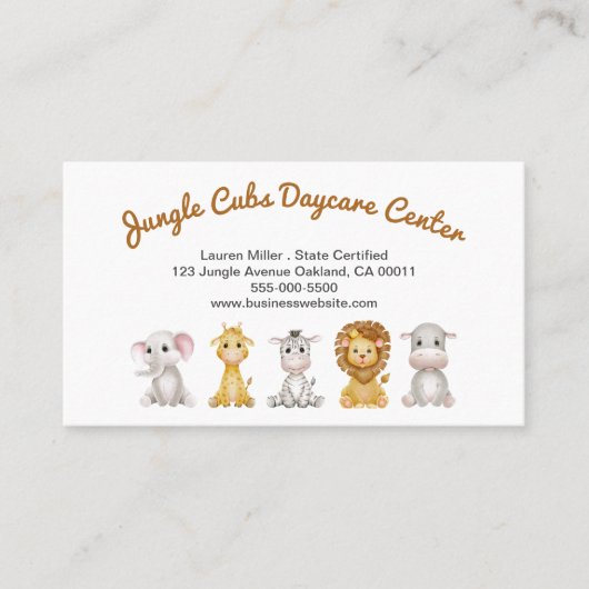 かわいいサファリアニマルチャイルドデイサービスベビーシッター 名刺 (正面)