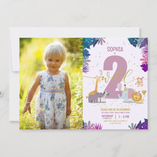 かわいいサファリアニマルツワイルドガールフォト誕生日 招待状 (正面)