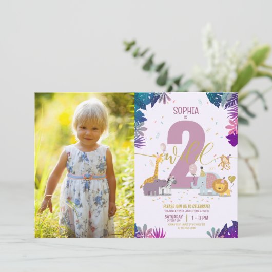 かわいいサファリアニマルツワイルドガールフォト誕生日 招待状 (スタンド正面)
