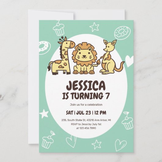 かわいいサファリアニマルマンガートゥーパーティー子供の誕生日 招待状 (正面)