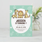 かわいいサファリアニマルマンガートゥーパーティー子供の誕生日 招待状 (スタンド正面)