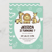 かわいいサファリアニマルマンガートゥーパーティー子供の誕生日 招待状 (正面/裏面)