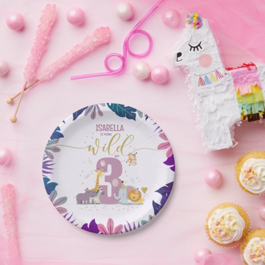 かわいいサファリアニマルヤングワイルド&3ガール誕生日 ペーパープレート (パーティー)