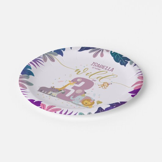 かわいいサファリアニマルヤングワイルド&3ガール誕生日 ペーパープレート (アングル)