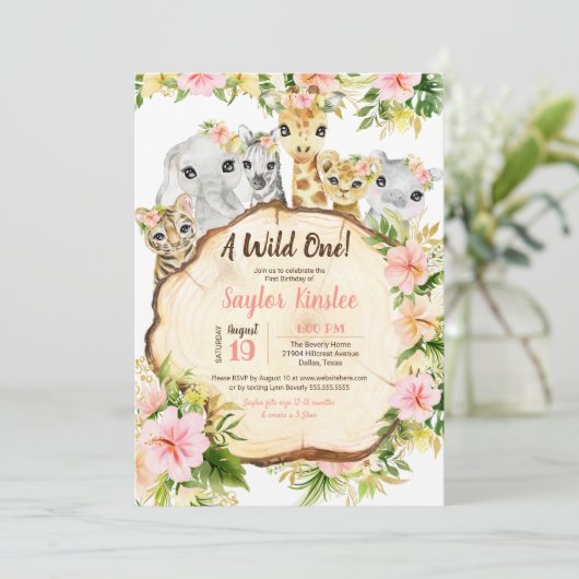 かわいいサファリアニマルワイルドワンガールファースト誕生日 招待状 (スタンド正面)
