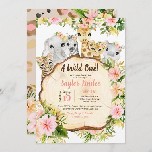 かわいいサファリアニマルワイルドワンガールファースト誕生日 招待状 (正面/裏面)