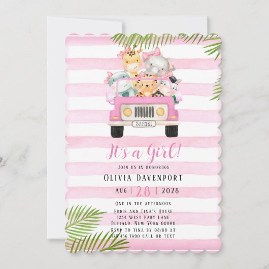 かわいいサファリエレファント&フレンズ女の子ベビーシャワー 招待状 (正面)