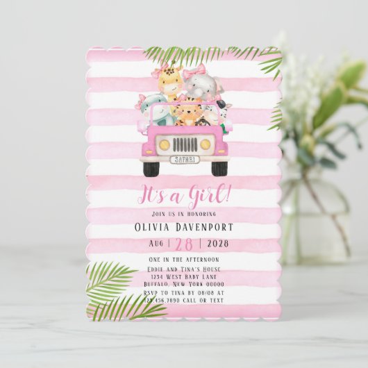 かわいいサファリエレファント&フレンズ女の子ベビーシャワー 招待状 (スタンド正面)