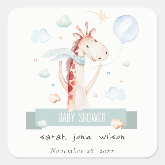 かわいいサファリキリン星雲バルーンベビーシャワー スクエアシール (正面)