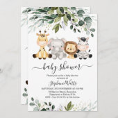 かわいいサファリグリーンゴールドの葉のベビーシャワー 招待状 (正面/裏面)