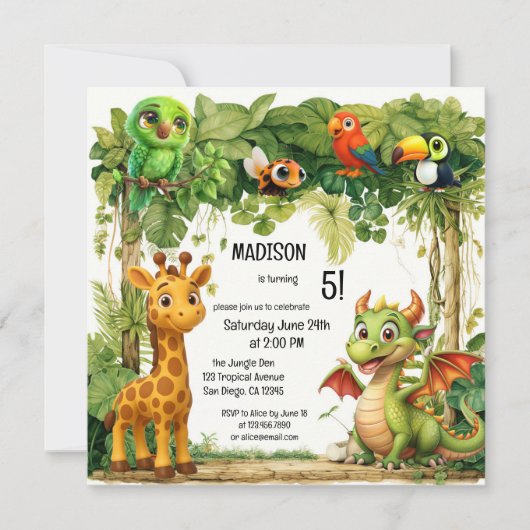 かわいいサファリジャングルアニマルチャイルド誕生日 招待状 (正面)