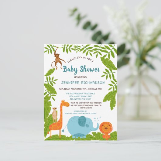 かわいいサファリジャングルアニマルベビーシャワー招待状 ポストカード (スタンド正面)