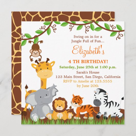 かわいいサファリジャングルバースデーパーティ招待状 招待状 (正面/裏面)