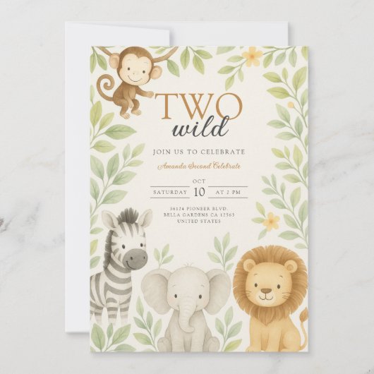 かわいいサファリジャングルベビーアニマルズ誕生日 招待状 (正面)