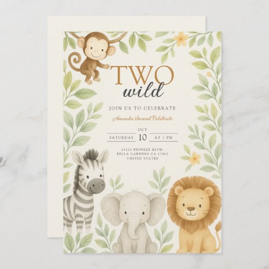 かわいいサファリジャングルベビーアニマルズ誕生日 招待状 (正面/裏面)