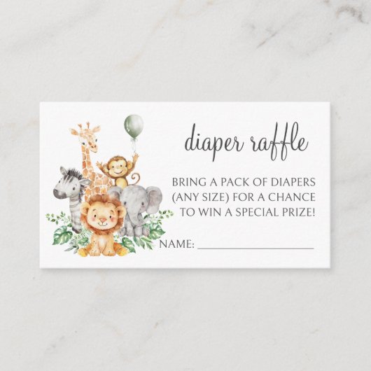 かわいいサファリジャングルベビーシャワーおむつラッフルカード エンクロージャーカード (正面)