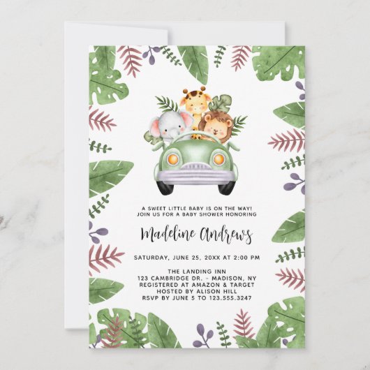 かわいいサファリジャングル動物のベビーシャワー 招待状 (正面)