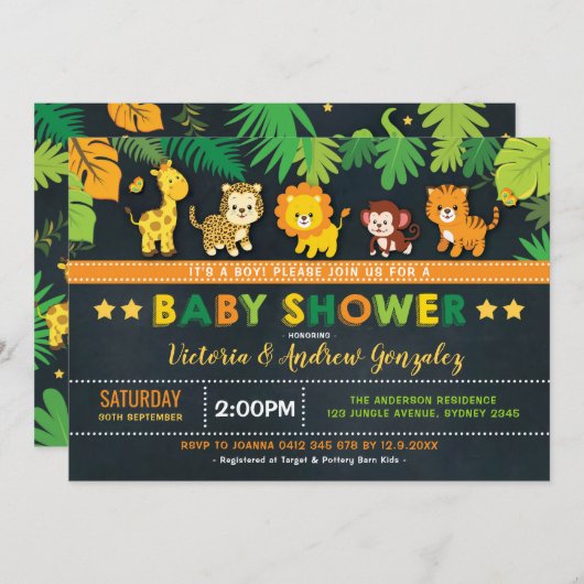 かわいいサファリジャングル動物の少年シャワー 招待状 (正面/裏面)