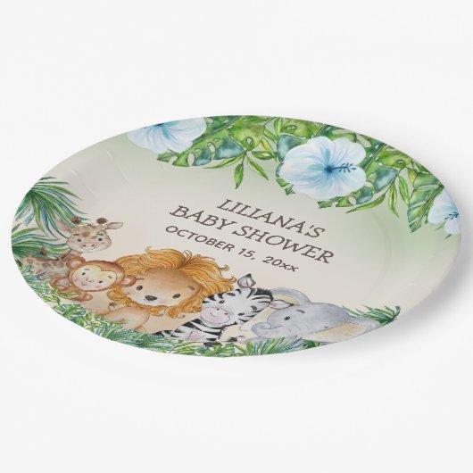 かわいいサファリジャングル動物の男の子の赤ちゃんシャワー ペーパープレート (アングル)