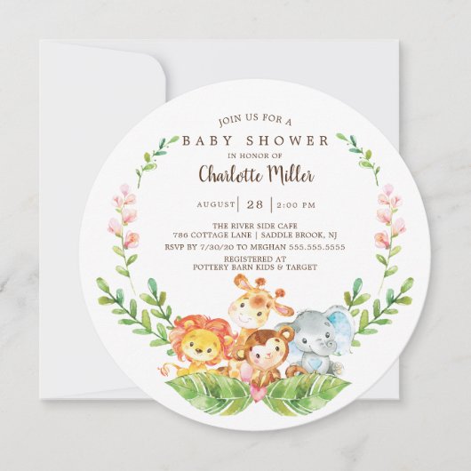 かわいいサファリジャングル動物の男の子赤ちゃんシャワー 招待状 (正面)