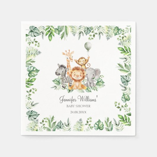 かわいいサファリジャングル動物の緑の赤ちゃんシャワー スタンダードカクテルナプキン (正面)