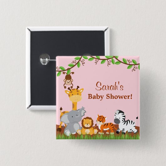 かわいいサファリジャングル動物ガールベビーシャワーボタン 缶バッジ (正面&裏面)