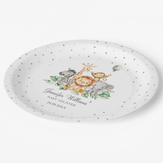 かわいいサファリジャングル動物グリーンベビーシャワー ペーパープレート (アングル)