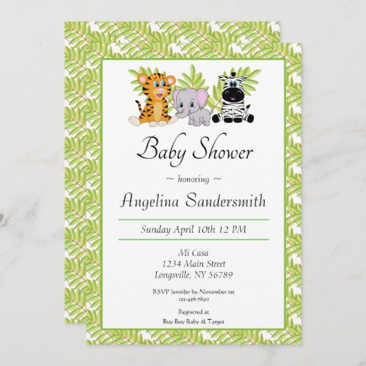 かわいいサファリジャングル動物ベビーシャワー招待状 招待状 (正面/裏面)