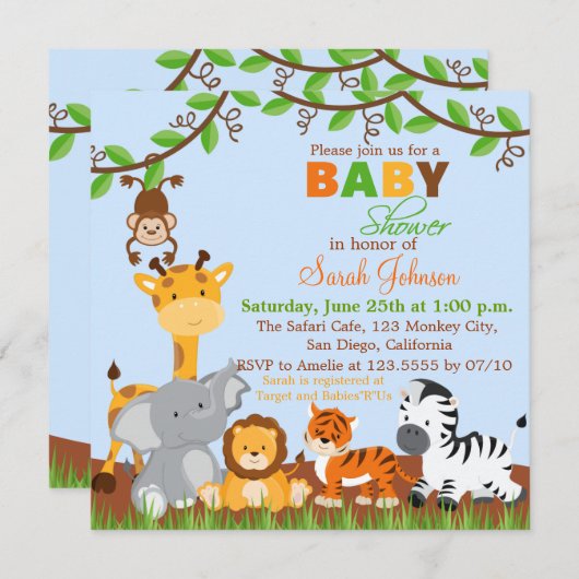 かわいいサファリジャングル動物ベビーシャワー招待状 招待状 (正面/裏面)