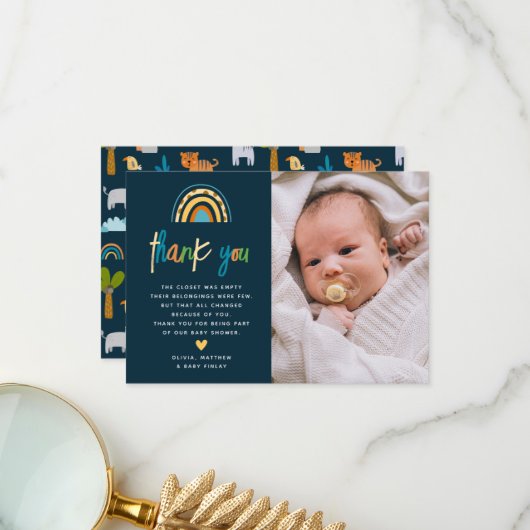 かわいいサファリジャングル動物ワイルドワンベビーシャワー サンキューカード (正面/裏面インサイチュ)