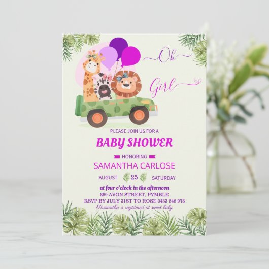 かわいいサファリジャングル動物園の女の子ベビーシャワー 招待状 (スタンド正面)