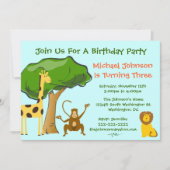 かわいいサファリジャングル動物園子供の誕生日パーティー 招待状 (正面)