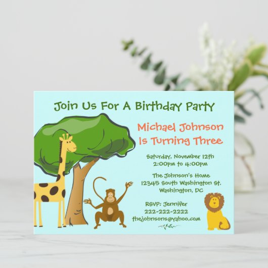 かわいいサファリジャングル動物園子供の誕生日パーティー 招待状 (スタンド正面)