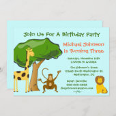 かわいいサファリジャングル動物園子供の誕生日パーティー 招待状 (正面/裏面)