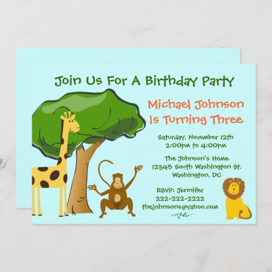 かわいいサファリジャングル動物園子供の誕生日パーティー 招待状 (正面/裏面)