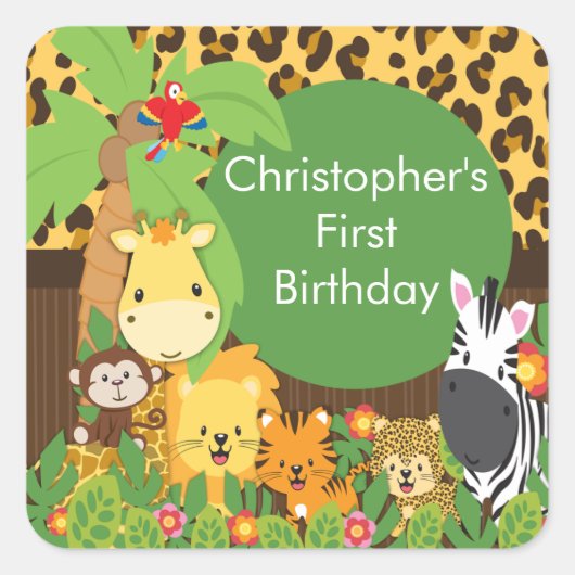かわいいサファリジャングル誕生日パーティー スクエアシール (正面)