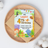 かわいいサファリテイストの4歳誕生日パーティー招待状のお子様向け 招待状