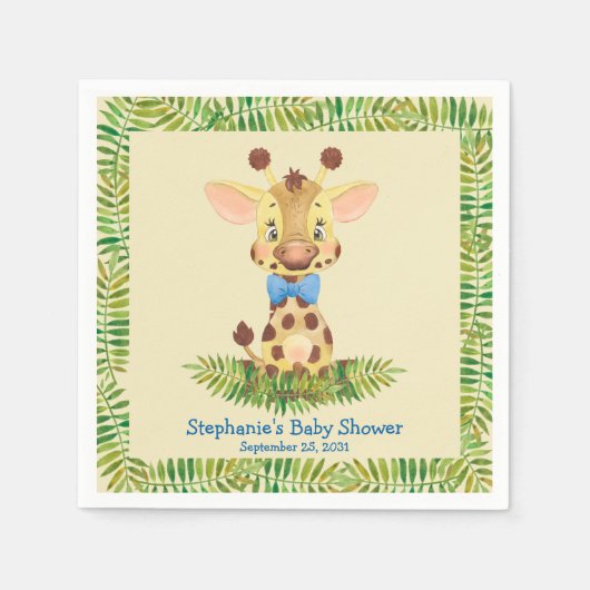 かわいいサファリパーソナライズされたキリン男の子のシャワー スタンダードカクテルナプキン (正面)