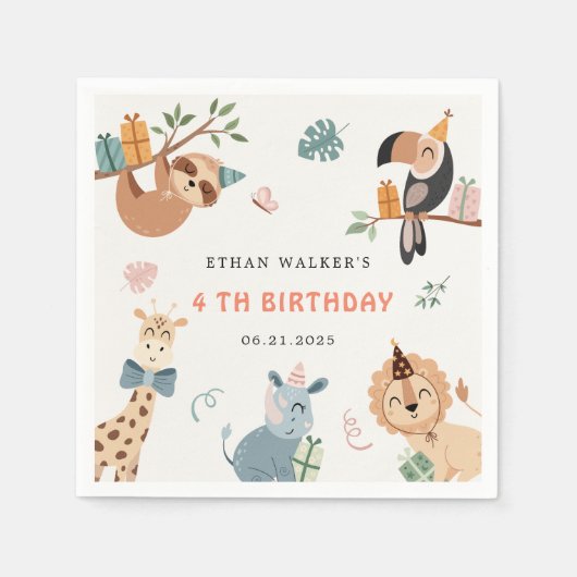 かわいいサファリパーティー動物子供の誕生日 スタンダードカクテルナプキン (正面)